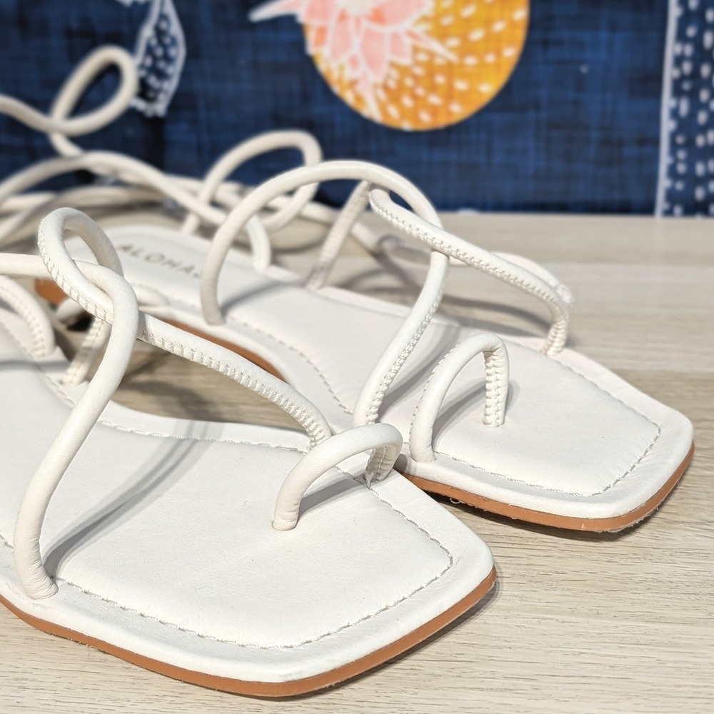 Alohas Leather Wrap Lace Up Square Toe Sandals White Women's Size 39 - Picture 4 of 8